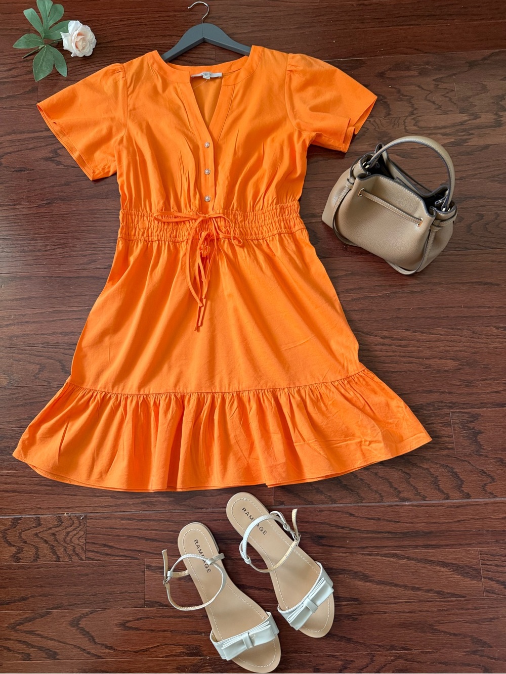 LOFT Orange Tiered Mini Dress Drawstring Waist Boho Cottagecore Medium NWT